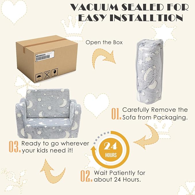 Baby Toddler Baby Sofa Couch for Kids Foldable 2-in-1 Fold Out Couch Bed for Playroom, Pull Out Children Convertible Sofa to Lounger Sleeper Chair for Boys & Girls with Double Pockets - Glowing Grey