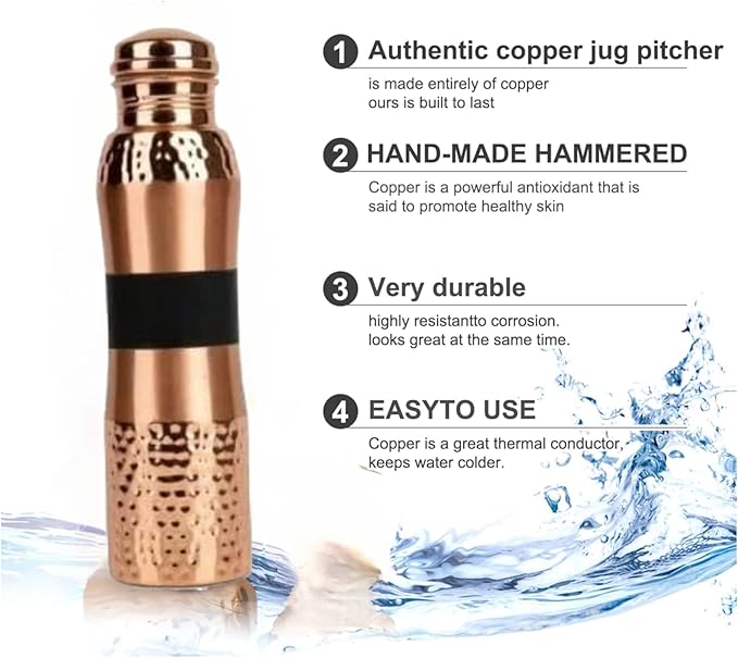 Natureverr Hammered Copper Water Bottle 1000ml, Water Bottle with Stylish Look and Advanced Leak Proof Cap, BPA Free Reusable Bottle for Home, Office, Hotel and Gifting