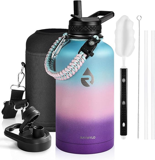Insulated Water Bottle 64 oz, Triple Wall Vacuum Stainless Steel (Cold for 48 Hrs), Leak Proof & Non-BPA, Half Gallon Water Flask Jug with Paracord Handle & Straw Spout Lids, Hydrangea
