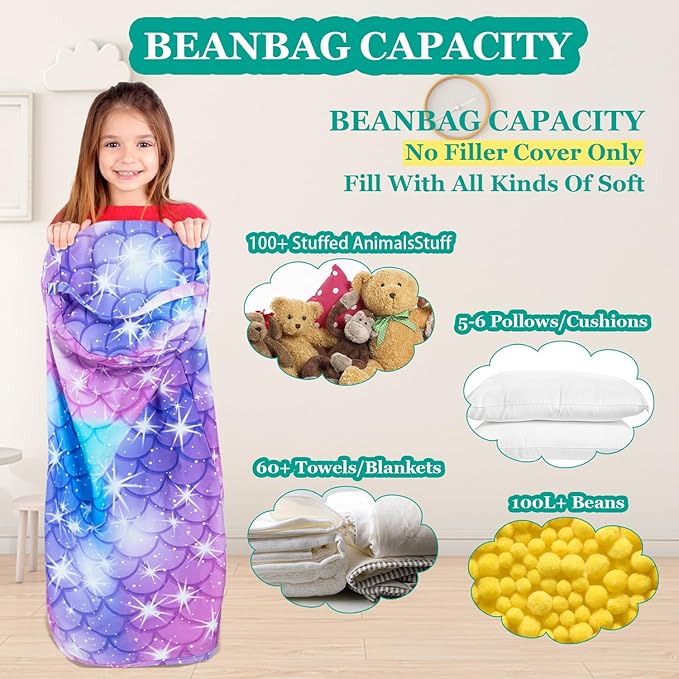 Stuffed Animal Bean Bag Storage Chair for Kids Cover Only (No Filler), Organize, Sit, Play & Boxing, 100% Cotton Canvas Washable, Ultra Soft Cylinder Long Vertical Zipper Best Gift for Child