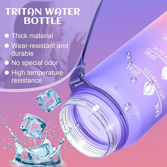 Water Bottle 32 oz, Motivational Sports Water Bottles Tritan BPA Free Water Bottle No Straw With Time Marker, Wide Mouth Leakproof Water Bottle with Strap for Gym Fitness Hiking Bike Camping - Purple