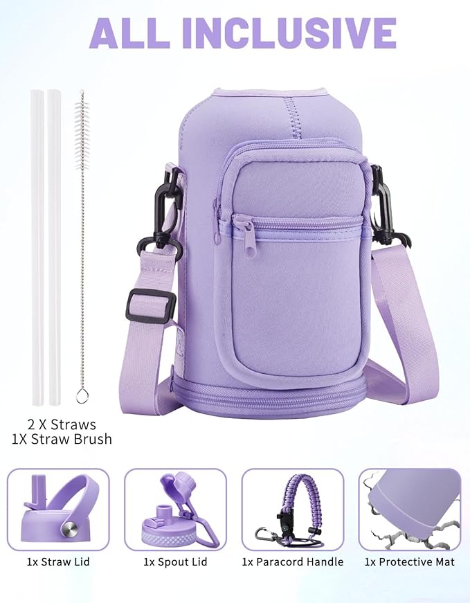 Half Gallon Water Bottle Insulated - 64 oz Water Bottle with Carrying Sleeve, Paracord Handle, Straw Spout Lid, Leak-proof Metal Hydro Jug for Workout Sport Hiking Gym, Purple Big Flask Thermo
