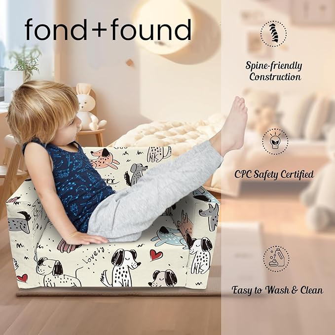 Kids Couch, 2-in-1 Convertible Sofa to Lounger, Comfy Flip-Out Couch Chair/Sleeper Bed for Toddler Boys and Girls (Beige-Dog)