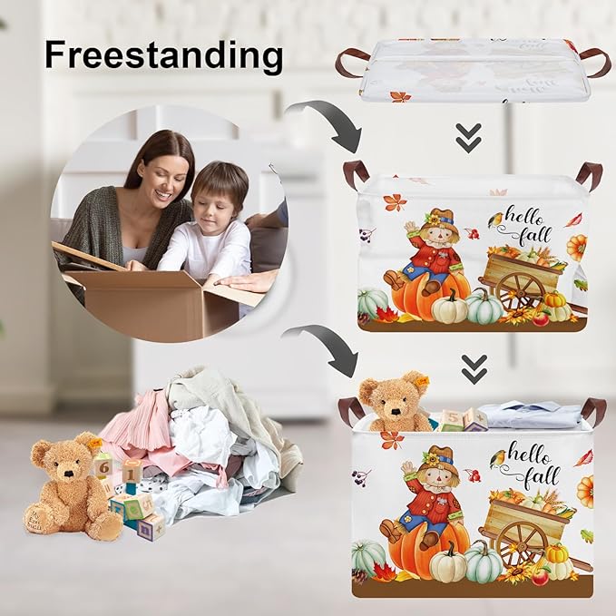 Clastyle Rectangular Scarecrow Cart Fall Basket Farm Harvest Turkey Thanksgiving Storage Bin Maple Leaf Pumpkin Large Gift Basket Autumn Clothes Toy Book Shelf Basket
