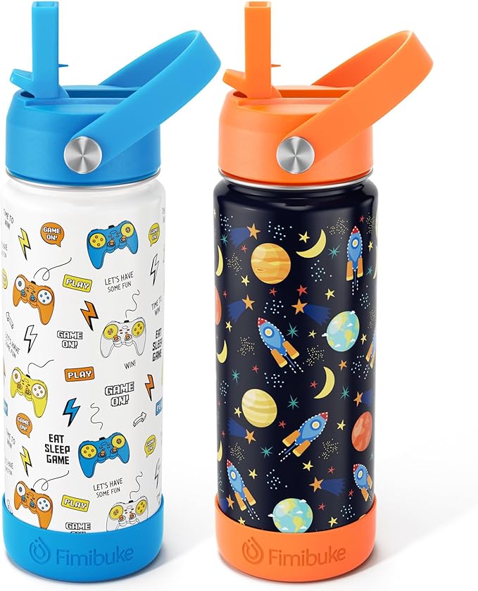 Fimibuke Kids Insulated Water Bottle - 18oz BPA-FREE Kids Cups with Straw Double Wall Vacuum Tumbler 18/8 Stainless Steel Leak Proof Toddler Water Bottle for School Boys Girls (2 Pack, Game+Space)