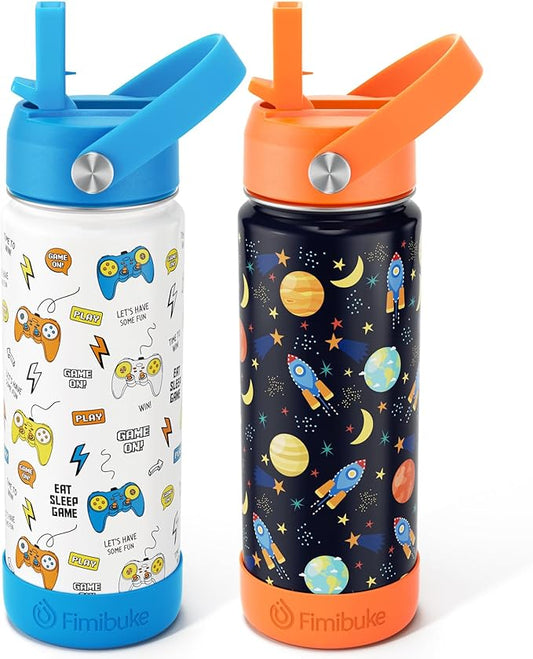 Fimibuke Kids Insulated Water Bottle - 18oz BPA-FREE Kids Cups with Straw Double Wall Vacuum Tumbler 18/8 Stainless Steel Leak Proof Toddler Water Bottle for School Boys Girls (2 Pack, Game+Space)