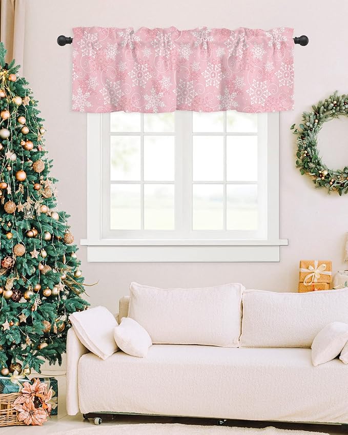 Christmas Valance Curtains for Kitchen Windows Pink White Snowflakes Pattern Rod Pocket Window Treatment Toppers for Kitchen/Living Room/Bedroom/Bathroom, 42" X 12", Winter