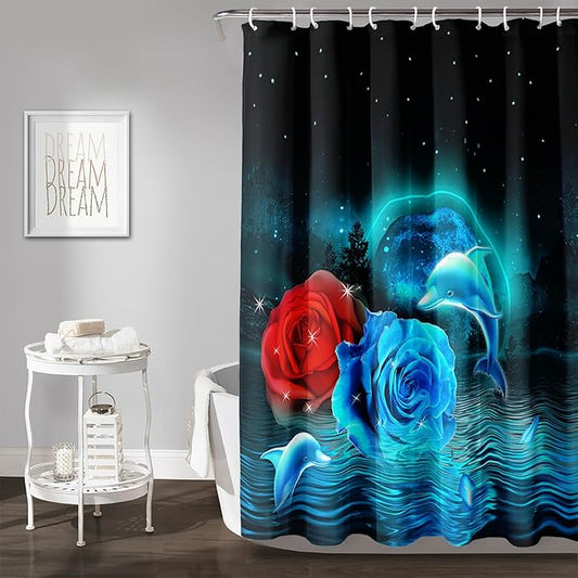 AILONEN Blue and Red Rose Shower Curtain,Cute Dolphin Shower Curtain for Bathroom Decor,72" W*78" H Polyester Waterproof Evening Starry Moon Flower Bath Curtain with 12 Hooks