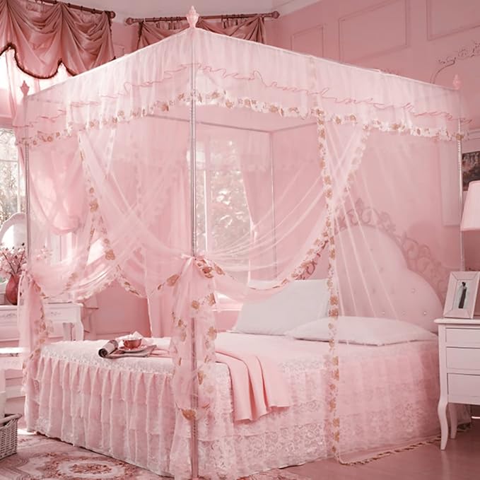 Luxury Princess 3 Side Openings Post Pink Bed Curtains,Four Corner Bedding Bed Canopy net for Bed Princess Bed Girls Room(No Bracket) (Pink)