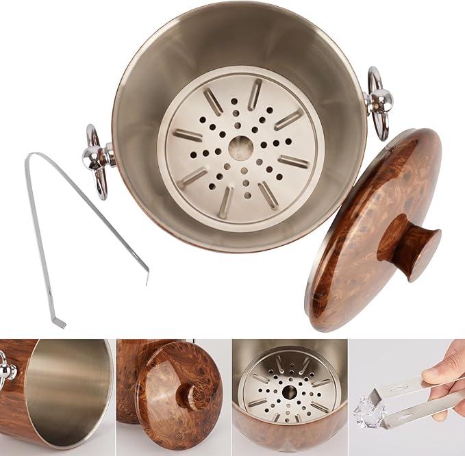 Ice Bucket with Lid, 3L Diamond Bottom Design Double Wall Stainless Steel Insulated Ice Bucket, Champagne Bucket, Wine Bucket for parties, cocktail bar, Teakwood