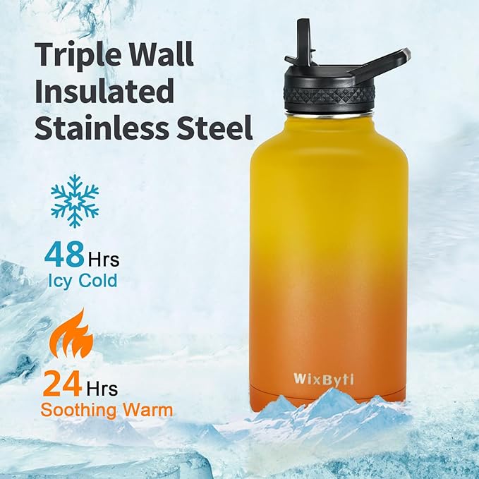 64 oz Insulated Water Bottle with Straw (Cold for 48 Hrs), Half Gallon Stainless Steel Triple Wall Vacuum Sports Water Jug, Leakproof Hydro Cup Flask with Straw Spout Lids & DIY Stickers