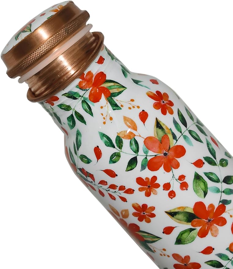 Copper Ayurveda Copper Water Bottle for Drinking – Travel Water Bottle for Gym, Yoga, Office, Hiking, Outdoor – with Lid (White floral)