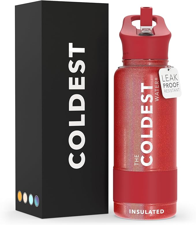 Coldest Sports Water Bottle with Straw Lid Vacuum Insulated Stainless Steel Metal Thermos Bottles Reusable Leak Proof Flask for Sports Gym (32 oz, Mars Red Glitter)