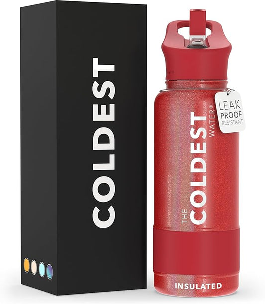 Coldest Sports Water Bottle with Straw Lid Vacuum Insulated Stainless Steel Metal Thermos Bottles Reusable Leak Proof Flask for Sports Gym (32 oz, Mars Red Glitter)