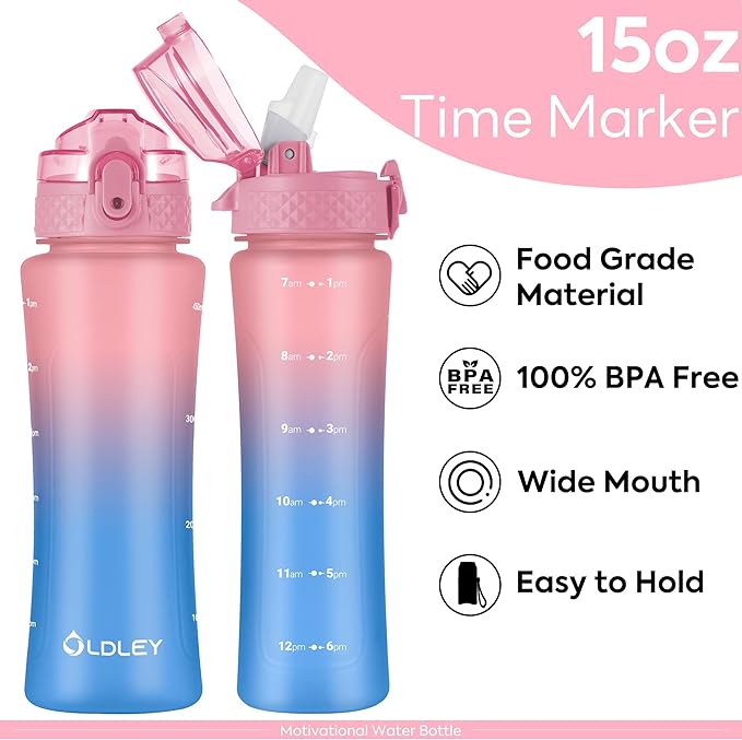 OLDLEY Kids Water Bottle for School with Straw Chug Lid, 15 oz Unbreakable Leak-Proof BPA-Free Motivational Water Bottles with Time Marker for Travel Sports Gym, 2 Lids, Candy Pink/Blueberry