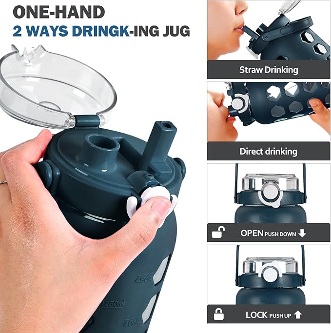 MUKOKO 56oz Glass Water Bottles with Straw and Lid,Motivational Water Jug with Time Marker Reminder and Silicone Sleeve,100% Leakproof BPA Free Fitness Sports Large Bottle-Blue