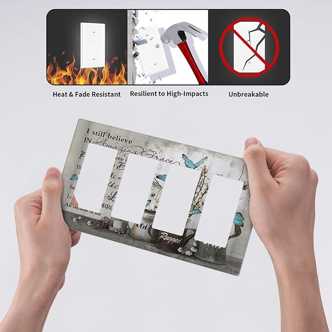 Blue Butterfly Rustic Flower Inspirational Quotes 4 Gang Rocker Decora Light Switch Cover Outlet Covers Wall Plate Decorative Switchplate Electrical Faceplate GFCI for Farmhouse Bedroom Decor