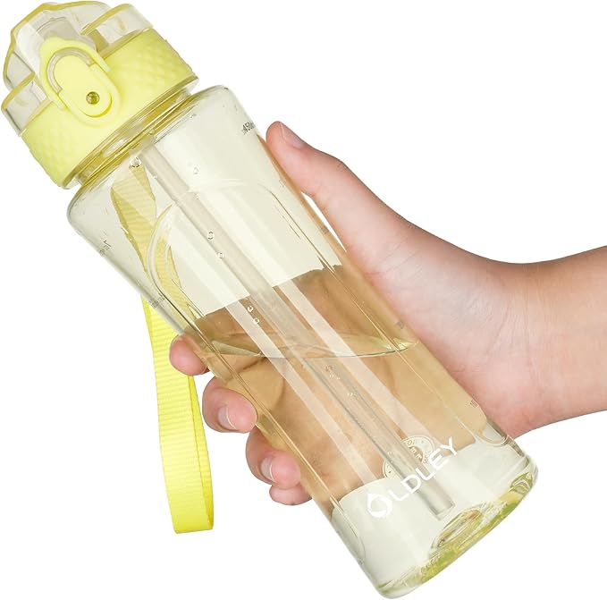 OLDLEY Kids Water Bottle with Straw 15 oz BPA-Free Leak-Proof Motivational Water Bottles with Time Marker for School Sports Travel Gym, Easy to Use for Girls Goys, 1 Straw Lid, Transparent-yellow