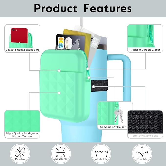 Water Bottle Pouch for Stanley Quencher Adventure 40oz & Stanley IceFlow 20oz 30oz Tumbler, Gym Water Bottle Silicone Rubber Pouch for Stanley Cup with Pocket for Cards, Keys, Earphone (Mint)