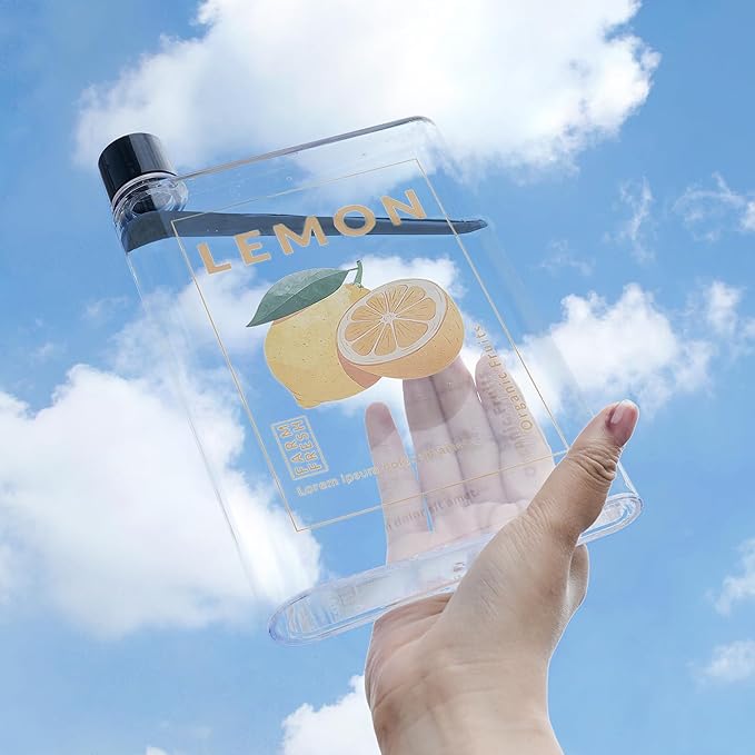 Flat Water Bottle 420ml,Plastic Portable Flat Water Bottle for Purse,Square Water Bottle Flat for Sports Gym Fitness Outdoor,Lemon