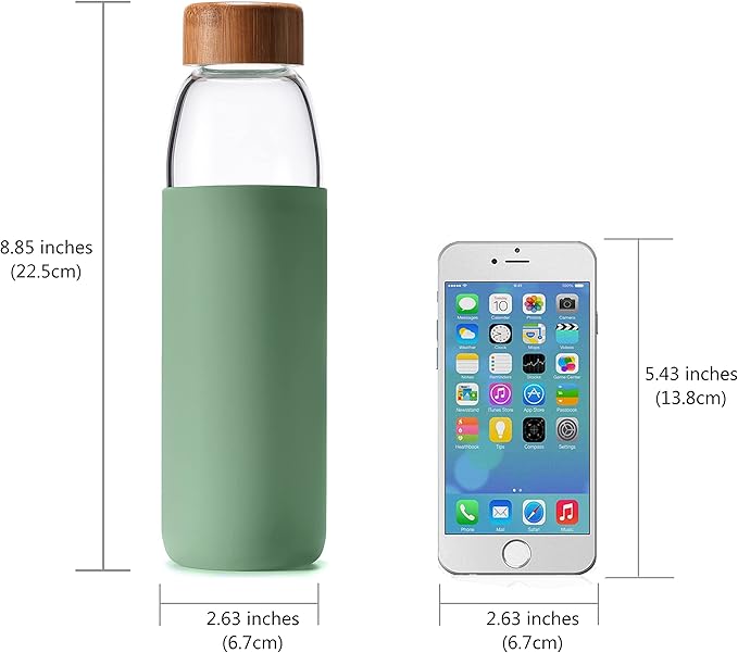 veegoal Glass Water Bottles 18 Oz Borosilicate with Bamboo Lid, BPA-FREE, Non-Slip Silicone Sleeve, and Stainless Steel Leak Proof Lid - Glass Water Bottle for Men and Women