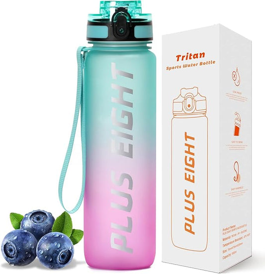 Sports Water Bottle, 32 oz Motivational Water Bottles with Time Marker to Drink, Leak-Proof Tritan BPA-Free with Carrying Strap for Women Men Gym Fitness Outdoor (Green Purple)