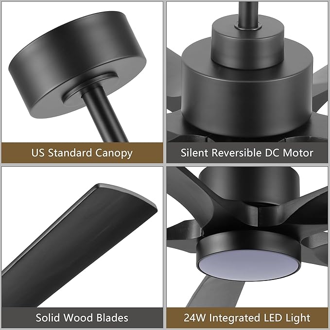 52" Modern Ceiling Fan with Light and Remote Control, 5 Solid Wood Blades 6-Speed Noiseless Reversible DC Motor, Ceiling Fan for Bedroom Dinning Living Room, Black
