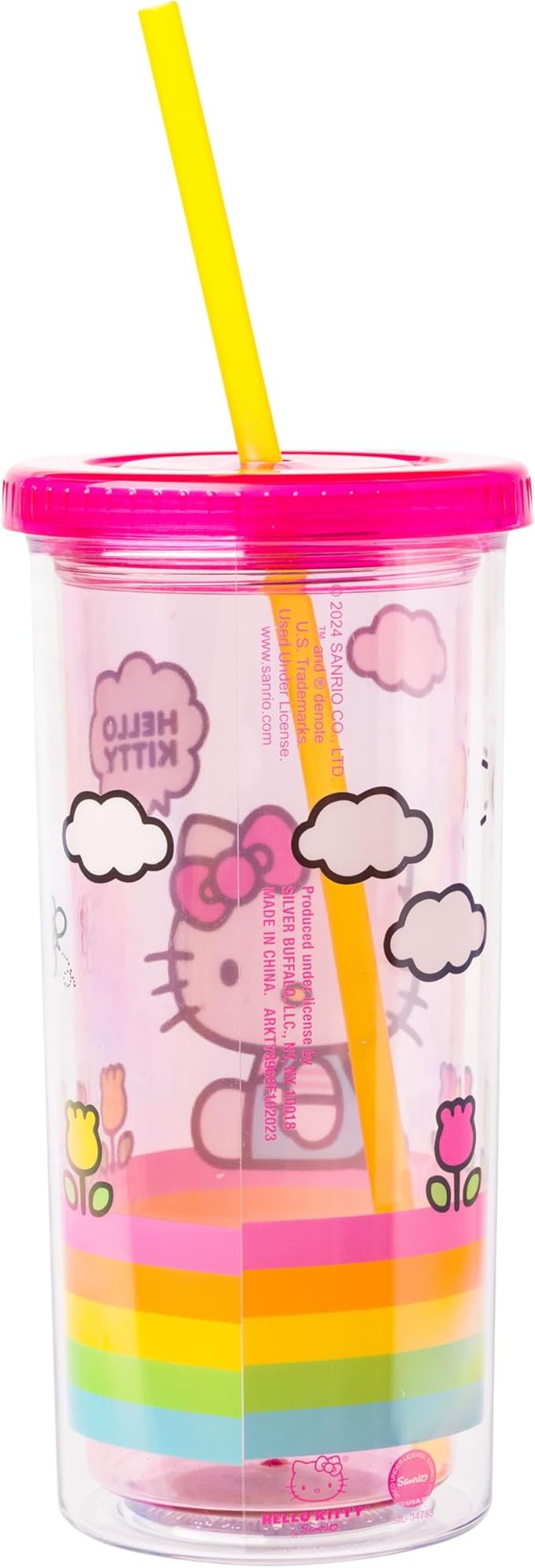 Silver Buffalo Sanrio Hello Kitty Spring and Summer Flowers Rainbow Stripes Plastic Cold Cup with Lid and Straw, 20 Ounces