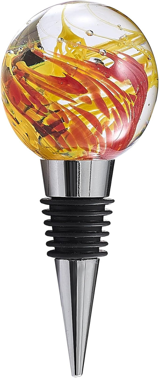 Murano Glass Wine Bottle Stopper with Mid Century Yellow Red Art Glass Ball, Reusable Wine Stoppers for Beverage Wine Saver, Decorative Bottle Stoppers for Gifts, Bar, Party, Wedding, Pack of 1