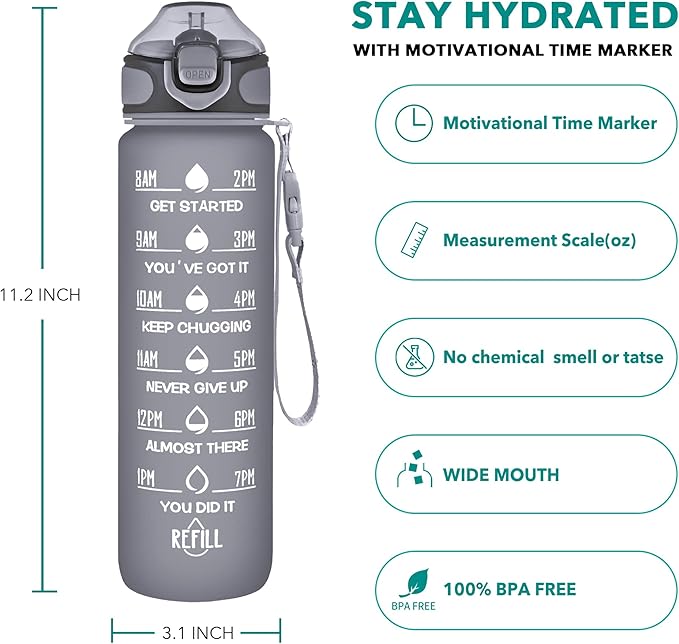 Enerbone 32 oz Drinking Water Bottle with Times to Drink and Straw, Motivational with Carrying Strap, Leakproof BPA & Toxic Free, Ensure You Drink Enough Water for Fitness Gym Outdoor