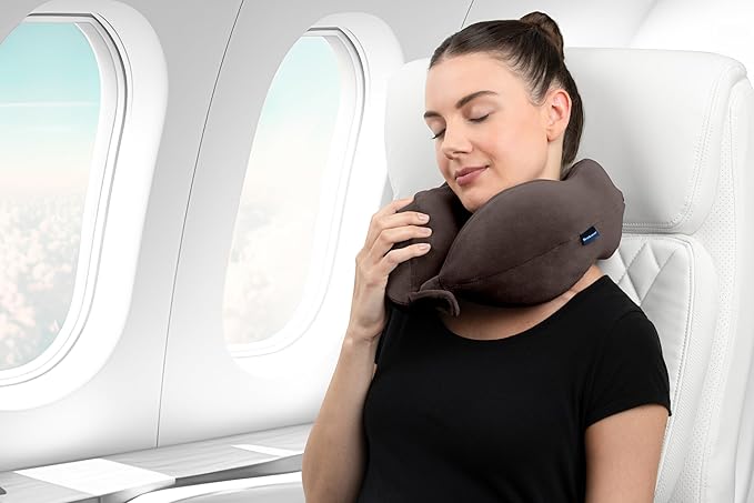 Brookstone Contoured Memory Foam Head and Neck Travel Pillow Ergonomic and Lightweight, Size One Size, Velvet Brown