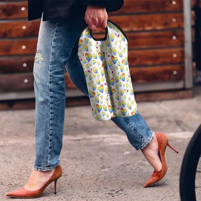 doginthehole 2 Bottle Wine Carrier Gift Bag Colorful Heart Print Neoprene Wine Tote Portable Champagne/Water Bottle/Beer/Drinks Carrying Bag for Travel, Picnic, Party