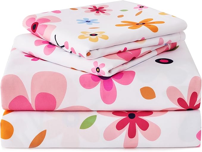 Queen Sheet Set White Colorful Floral Bed Sheets Set Cute Soft Microfiber Cooling Sheets 4 Pieces Queen Size Bed Set Wrinkle Free, 15 inch Deep Pocket Fitted Sheet, Flat Sheet, Pillowcases