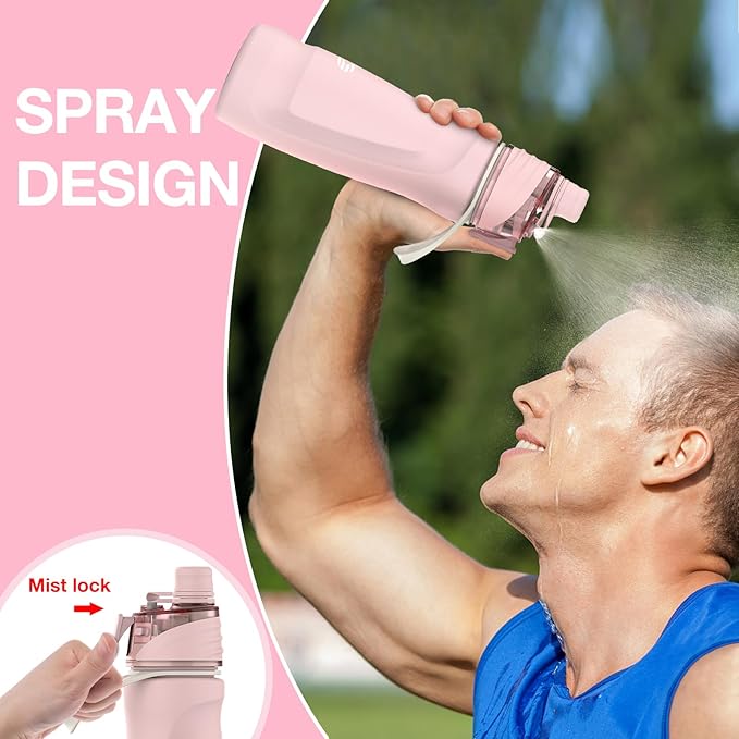 Misting Water Bottle, 24oz Insulated Water Bottle, 2-in-1 Mist & Sip Stainless Steel Water Bottles, Thermo for Hot Drinks/Cold Drinks, Sports Water Bottle for Hiking, Running, Gym, Light Pink