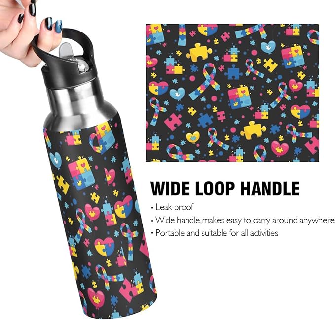 Stainless Steel Water Bottle with Straw Lid - 20 Oz Sports Insulated Water Bottle Thermos for Sport Gym Outdoor Travel School (Autism custom made)