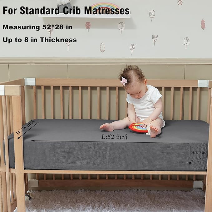 Muslin Fitted Crib Sheets for Baby Neutral Fit Standard Crib Toddler Mattress(28"x 52") 100% Organic Cotton Sheets Soft and Breathable Boho Bedding (Bottle Green&Neutral Gray)