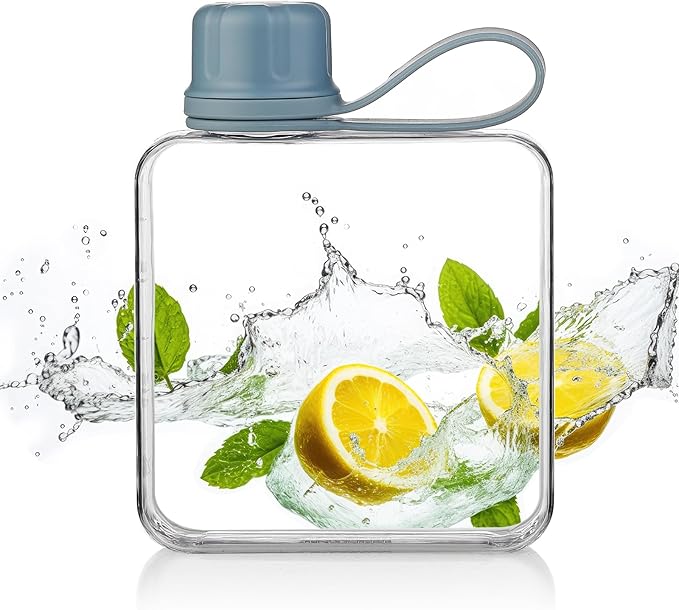 Tritan Transparent Flat Water Bottle samll Water Bottle Slim Square Pocket Bottle Water Flask, BPA Free/Slim Design/Leak Proof Water Bottle for Travel, Outdoor, Sports (Light Blue, 320ML)