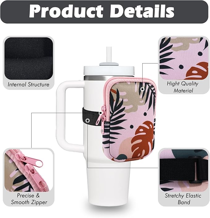 Water Bottle Pouch Cup Accessories for Women Quencher Adventure IceFlow 20oz 30oz 40oz Tumbler Pouch with Handle Running Pouch Bag for Cards Keys(Khaki Leaf)