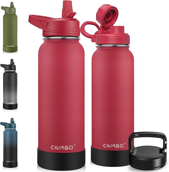 CIVAGO 40 oz Insulated Water Bottle With Straw, Stainless Steel Sports Water Cup Flask with 3 Lids, Double Walled Travel Thermal Canteen Mug, Red