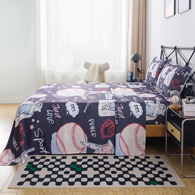 qjmiaofang Baseball Bed Sheet Set for Kids Boys Sports Sheets Set Queen Size Baseball Fitted Sheet 4Pieces Sport Theme Baseball Flat Sheet Set Including 1 Fitted Sheet 1 Flat Sheet and 2 Pillowcases