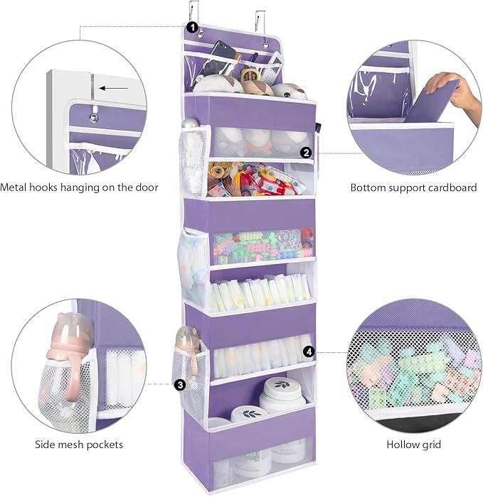 Univivi Over Door Hanging Organizers and Storage Nursery Closet Cabinet Baby Storage with 4 Large Compartments 2 Small PVC Pockets with 6 Side Pockets for Cosmetics, Toys and Sundries (Purple)