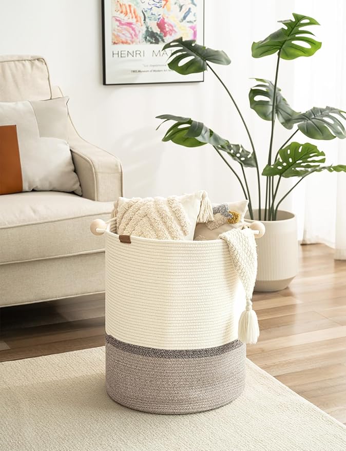 StorageWorks 72L Cotton Rope Laundry Basket with Wooden Beads Handles, Woven Basket for Storage, Dirty Clothes, Kids Toys, Towels, White & Light Brown