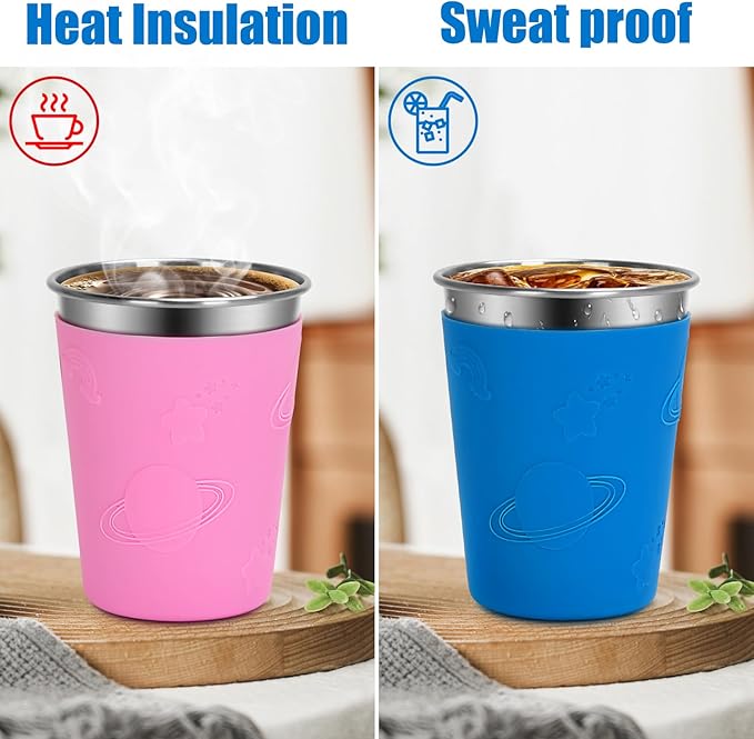 Kids Cups with Rainbow Silicone Sleeves, 12oz Stainless Steel Cups with Lids and Straws, 304 Stainless Steel Travel Tumbler, Spill Proof Toddler Cups for Cold Drinks & Hot Drinks, 6 Pack