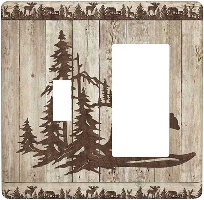 Rustic Wood Bear Forest 2 Gang Single Toggle Rocker Combination Light Switch Cover Vintage Antique Cabin Decorative Wall Plate Cover Electrical Faceplate for Farmhouse Bathroom Bedroom Kitchen Decor