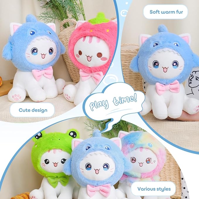 Cute Shark Cat Plush Toy 10" Kawaii Kitten Stuffed Animal, Cat Shark Plushie Pillow Gift for Kids
