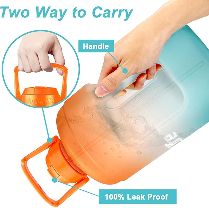 QuiFit 1 Gallon Water Bottle - with Straw & Motivational Time Marker Leak-Proof BPA Free Reusable Gym Sports Outdoor Large(128OZ) Capacity Water Jug(Orange/Green Gradient,1 Gallon)