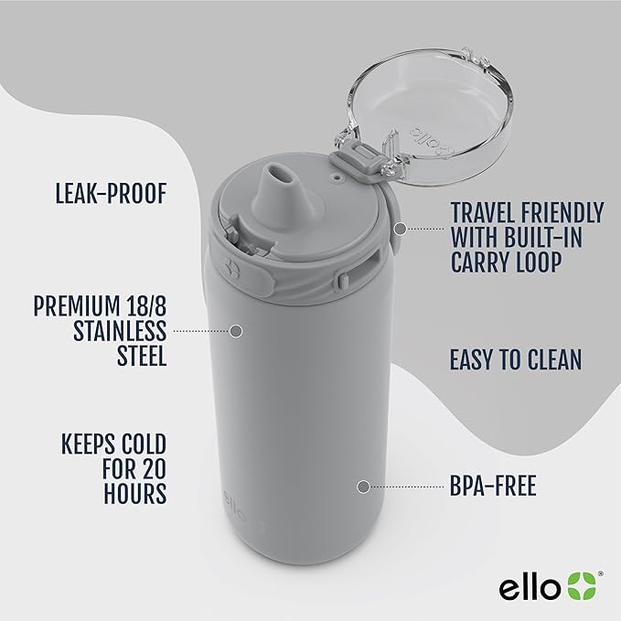 Ello Cooper 18oz Kids Stainless Steel Water Bottle with Straw and Carry Handle, Double Walled and Vacuum Insulated Metal, Leak Proof Locking Lid with Soft Silicone Spout, Reusable, BPA Free, Gray