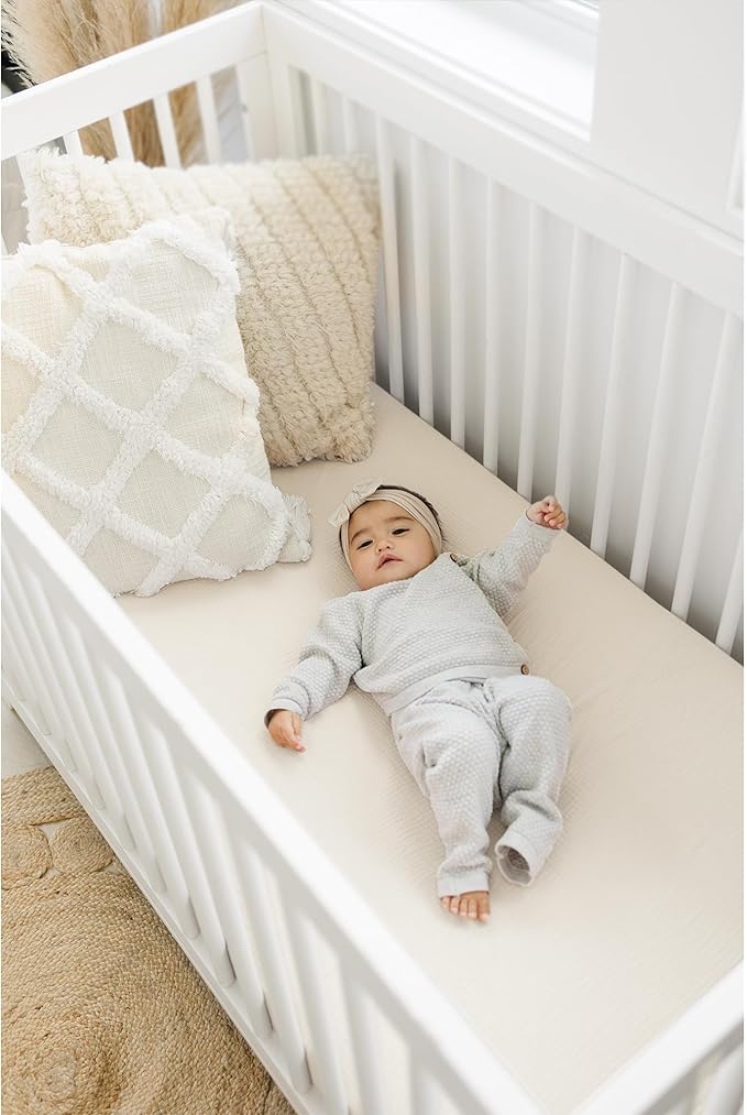 Konssy Muslin Fitted Crib Sheets 100% Cotton Baby Crib Sheets for Standard Crib Mattress (28 X 52 Inches), Soft and Breathable for Boys, Girls (Cream)