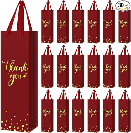 Ctosree 30 Pcs Wine Gift Bag for Wine Bottle Wedding Wine Thank You Gift Bag with Metallic Gold Foil Print Kraft Wine Paper Favor Bag with Attractive Rope Handle for Graduation Bottle(Burgundy)