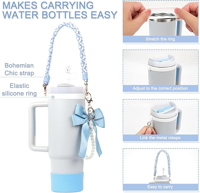 Stanley Cup Accessories Set- Water Bottle Handle Strap, Stanley Cup Protective Silicone Boot, Bow Design Stanley Charms for Stanley Cup 40oz /30 oz Tumbler (blue)